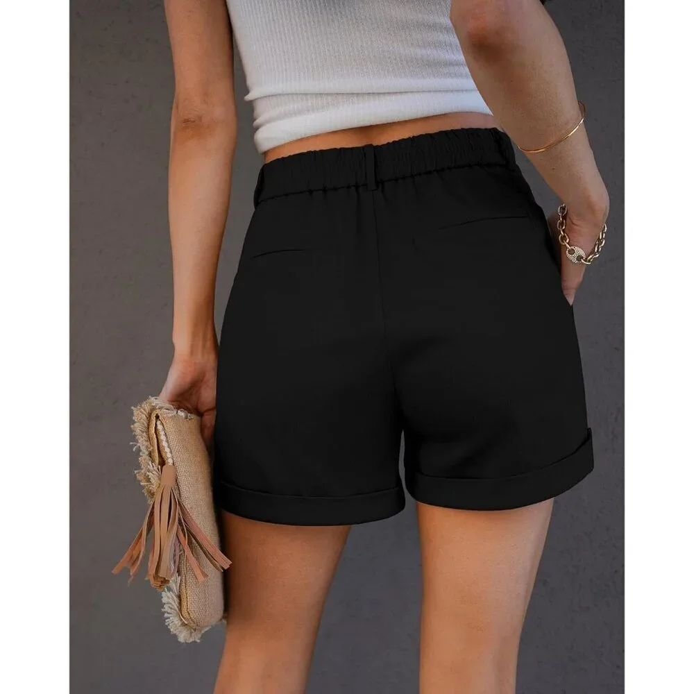 Women's Black High Waisted Cotton Stretch Elastic Waist Pleated Summer Shorts